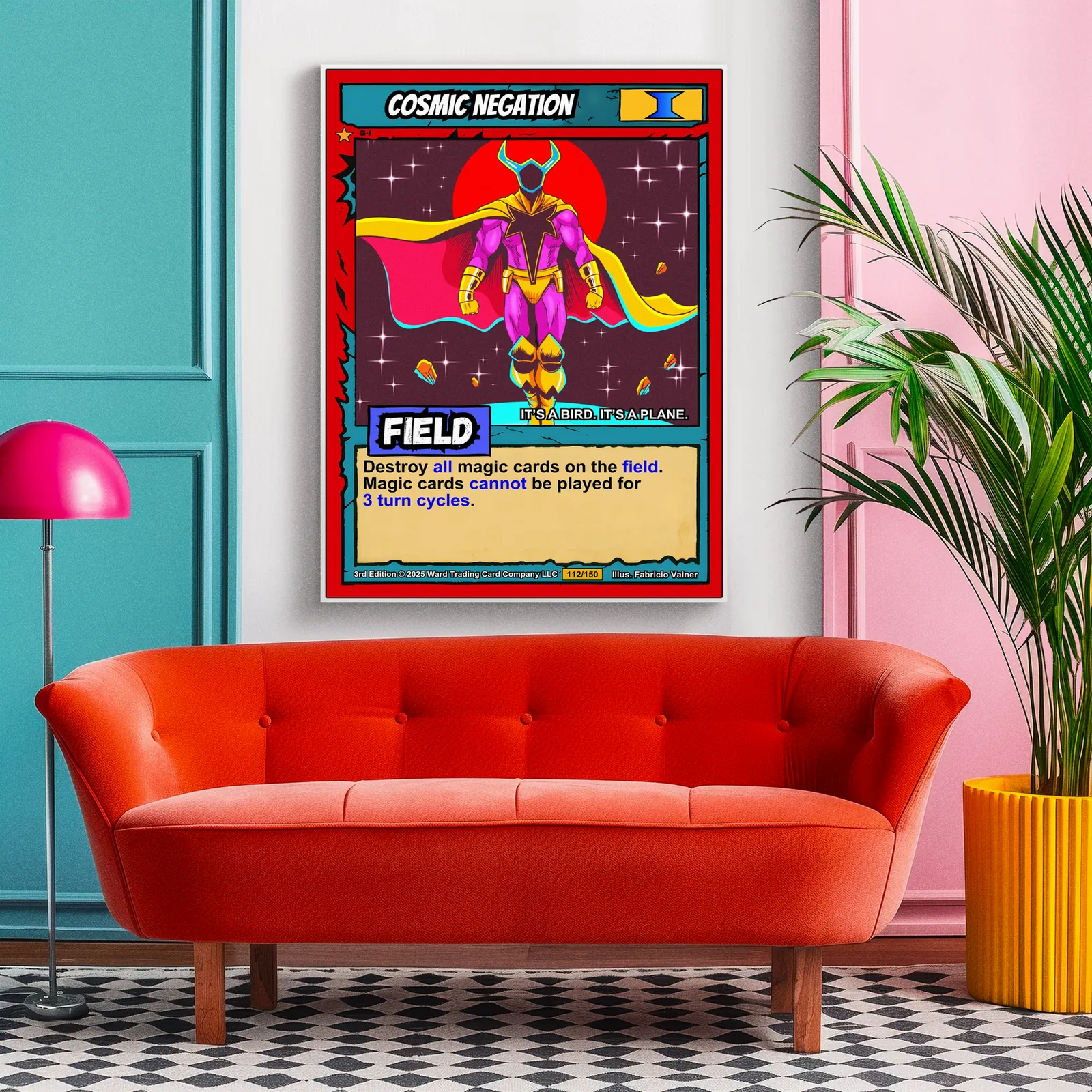 Character wearing magenta bodysuit with black star emblem and golden gauntlets and boots.