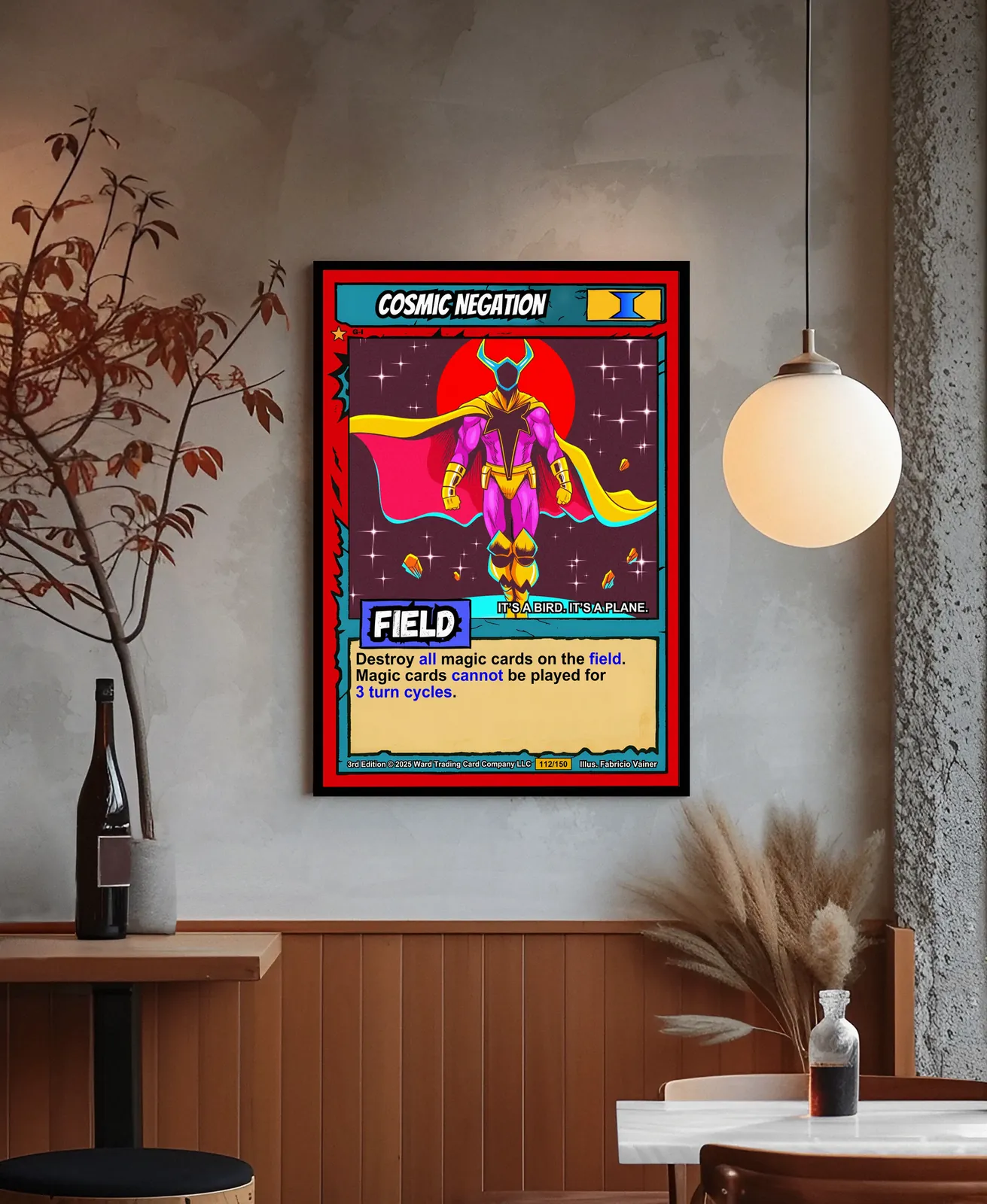 Dark purple starfield background with large red circular sun or planet.