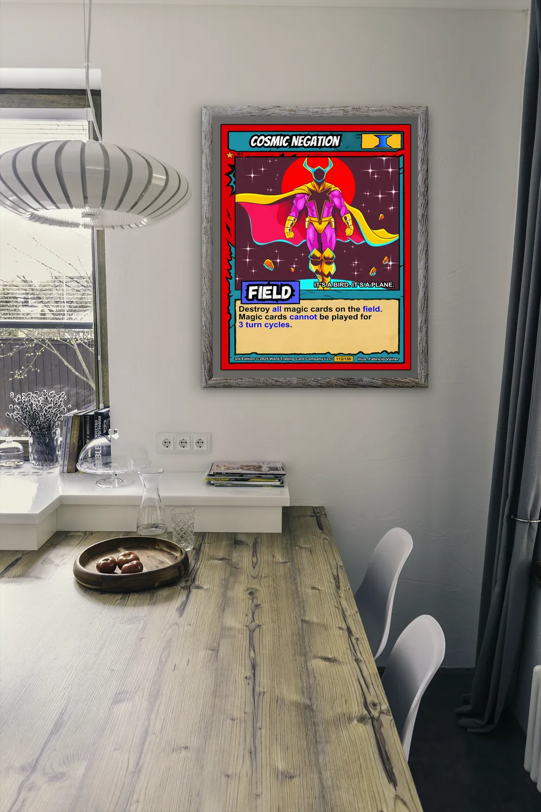 Trading card border in bold red with cyan inner frame and yellow comic lettering.