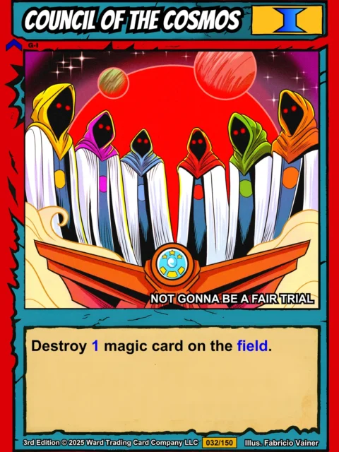 Seven hooded figures in white robes with colored hoods arranged in semicircle formation.