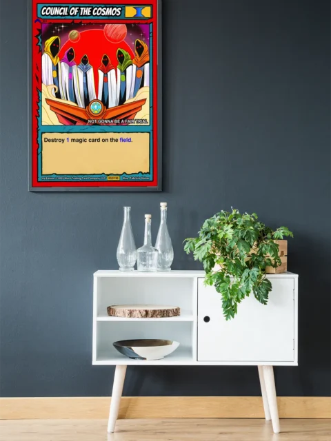 Massive red sun or planet dominates purple-black cosmic sky filled with stars and smaller celestial bodies.