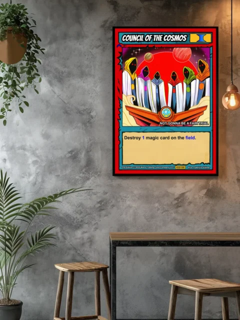 Each figure displays glowing red eyes within shadowed faces and circular colored emblems on robes.