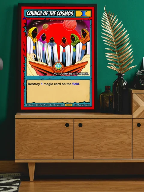 Bold red border frames teal inner edge and yellow banner reading Council Of The Cosmos.