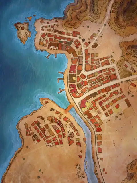 Main town features densely packed terracotta buildings along winding streets.