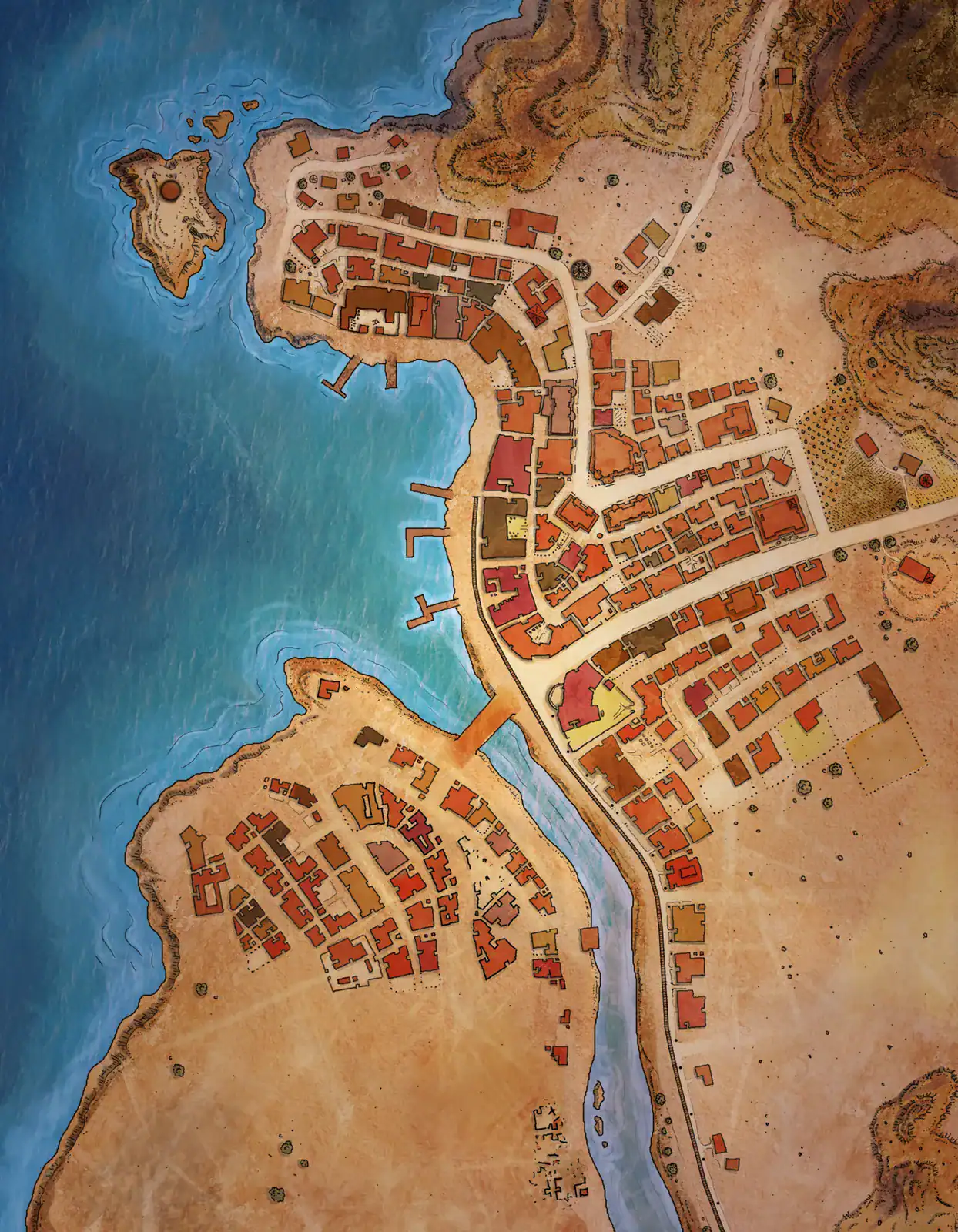 Main town features densely packed terracotta buildings along winding streets.