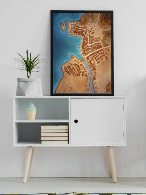Medieval coastal settlement with two distinct districts.