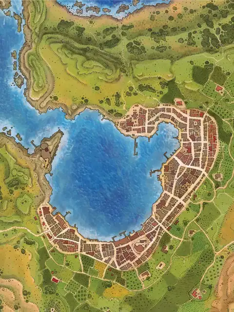 Individual buildings shown as small brown and red rectangles connected by white roads.