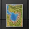 Hand-drawn fantasy map depicting three coastal settlements around a bright blue bay.