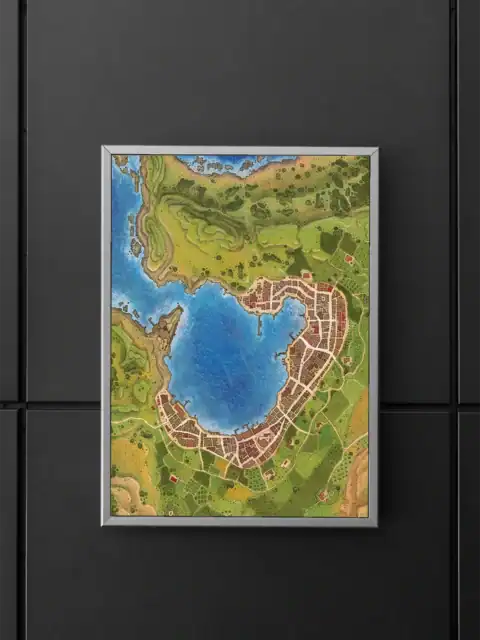 Hand-drawn fantasy map depicting three coastal settlements around a bright blue bay.