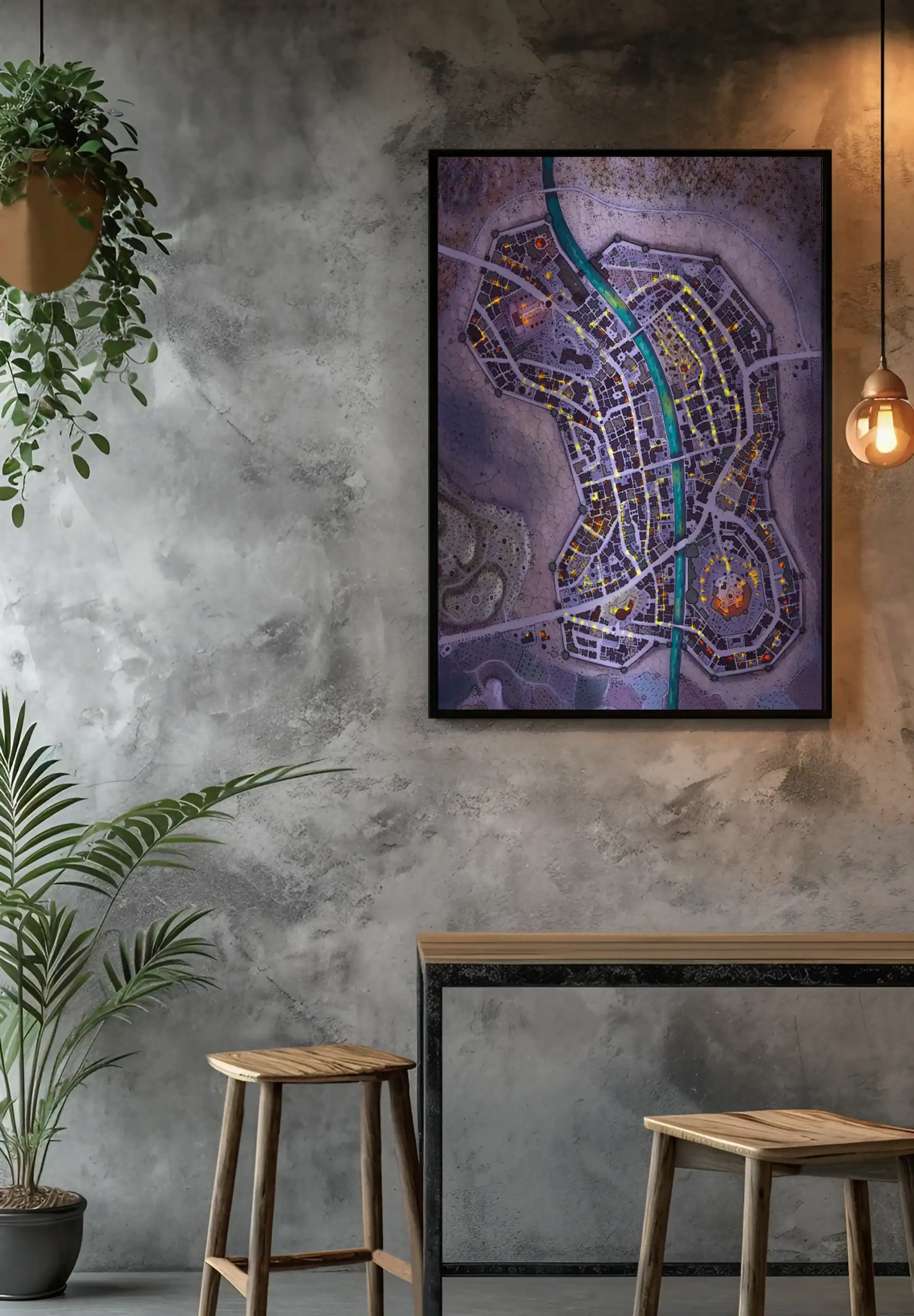 Medieval walled city viewed from above with turquoise river running vertically through center.