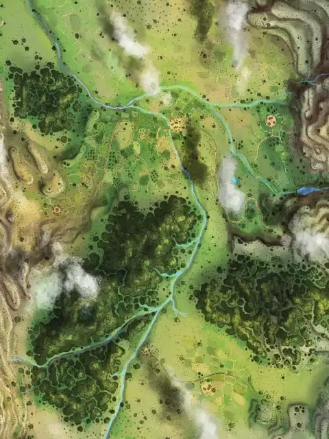 Dense circular forest clusters in dark green scattered across lighter grasslands.