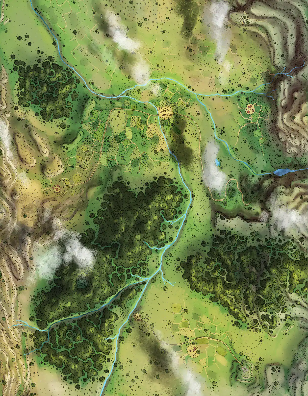 Dense circular forest clusters in dark green scattered across lighter grasslands.