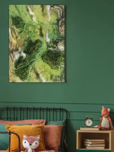 Hand-drawn fantasy map showing verdant river valley with winding blue waterway.