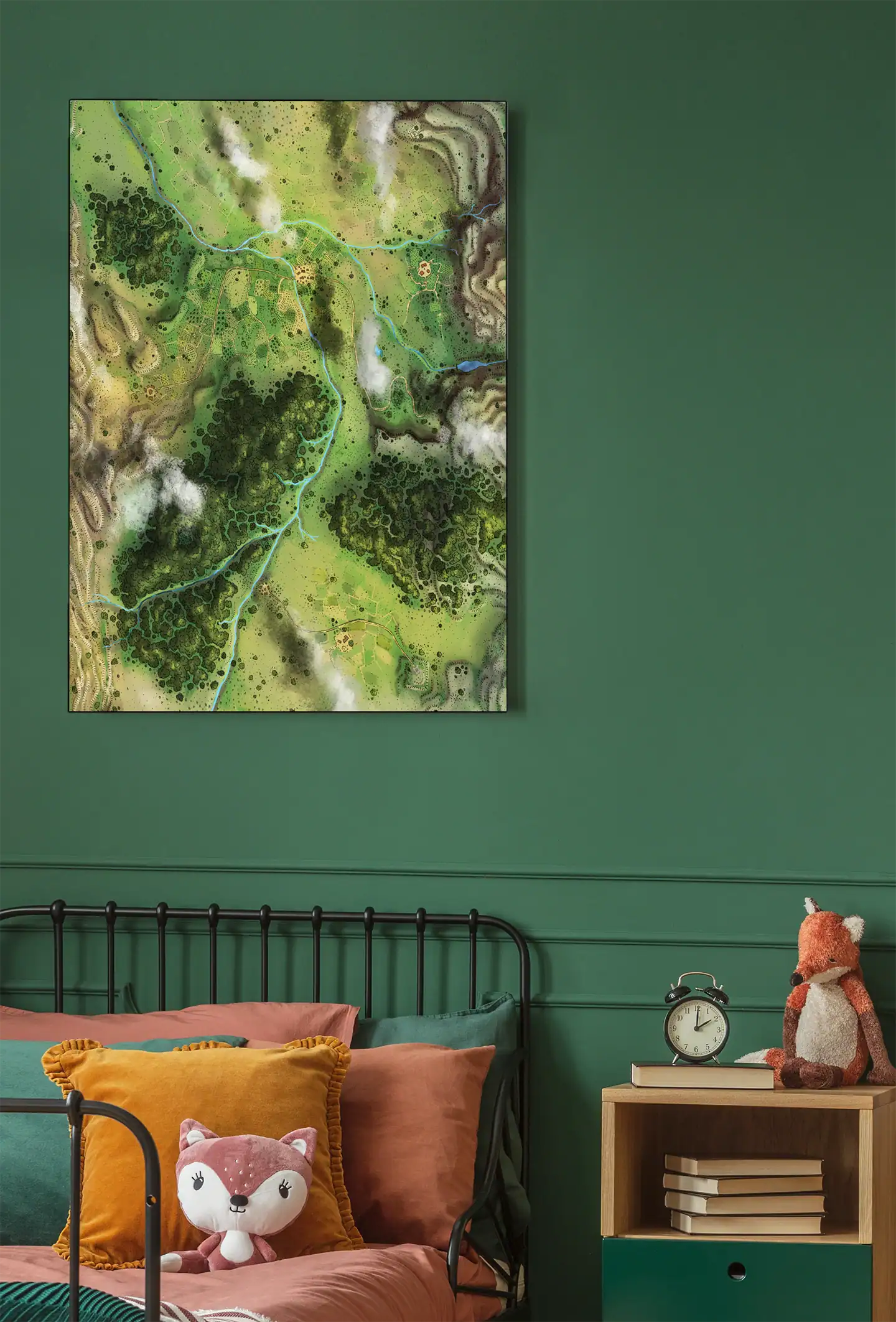 Hand-drawn fantasy map showing verdant river valley with winding blue waterway.