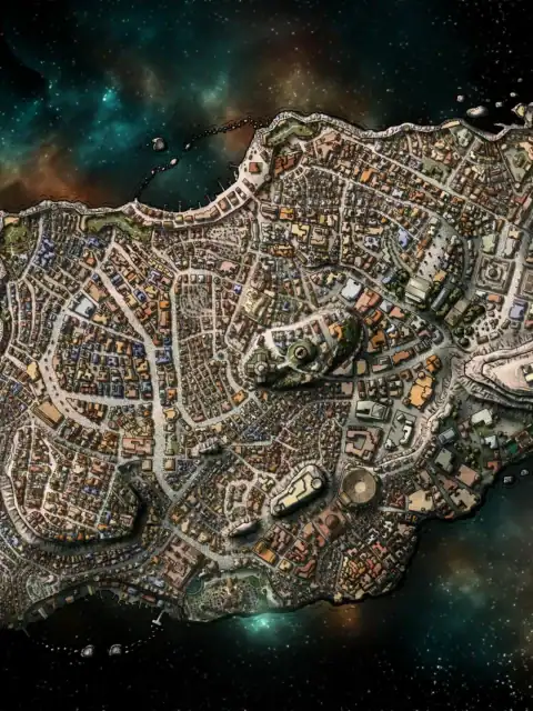 Hundreds of individually drawn buildings with colorful rooftops in orange, brown, blue and green.