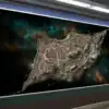 Fantasy city map showing an irregular island-shaped settlement floating in cosmic space.