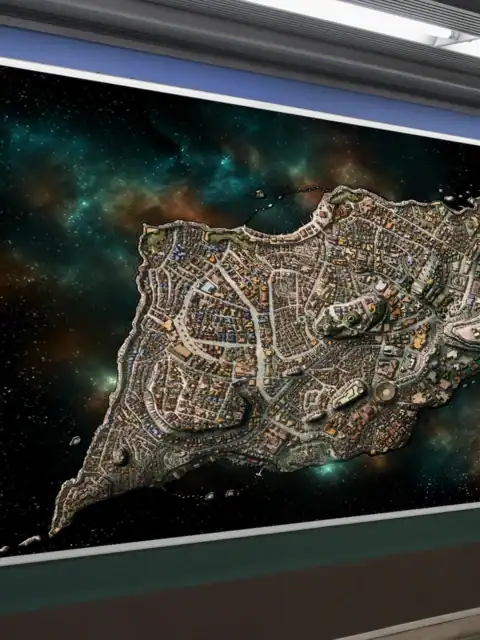 Fantasy city map showing an irregular island-shaped settlement floating in cosmic space.