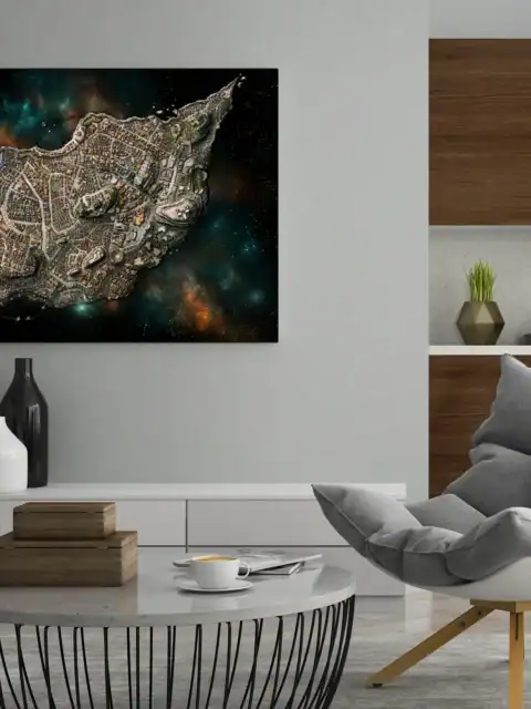 Teal and orange nebulae create a starlit cosmic backdrop around the floating city.