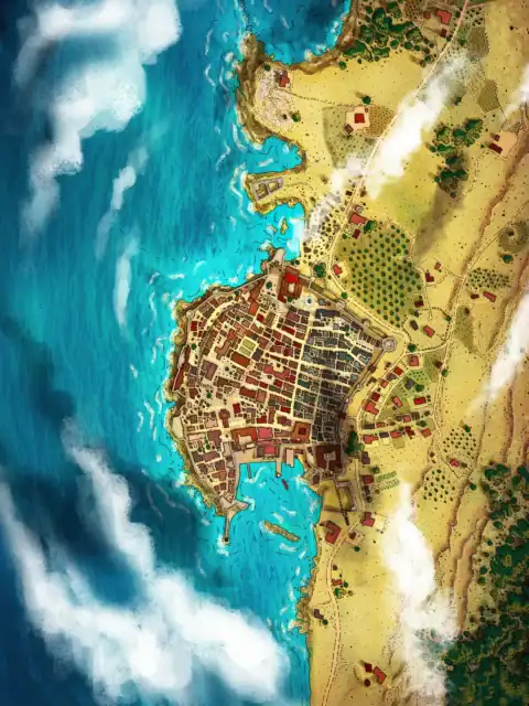 Densely packed medieval city occupies peninsula jutting into water.