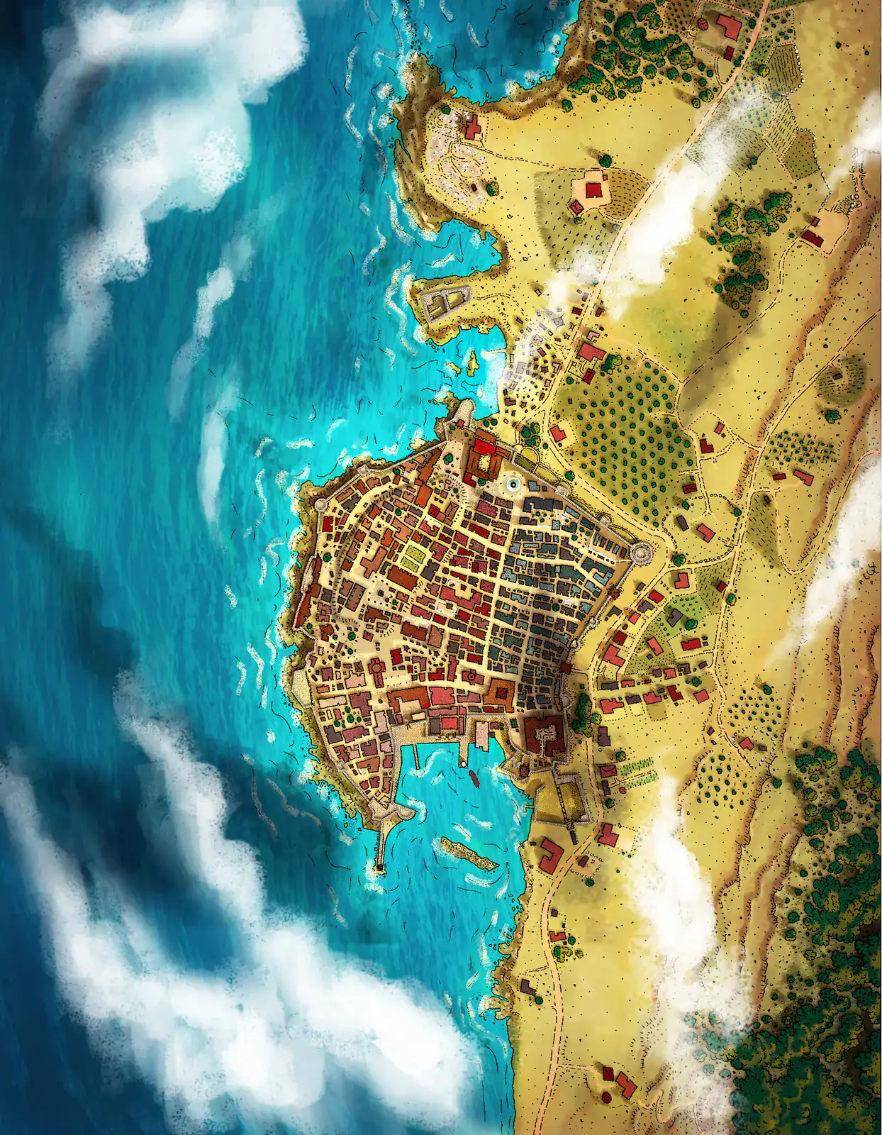 Densely packed medieval city occupies peninsula jutting into water.
