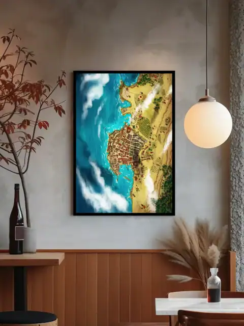 Hand-drawn fantasy map showing coastal settlement from above.