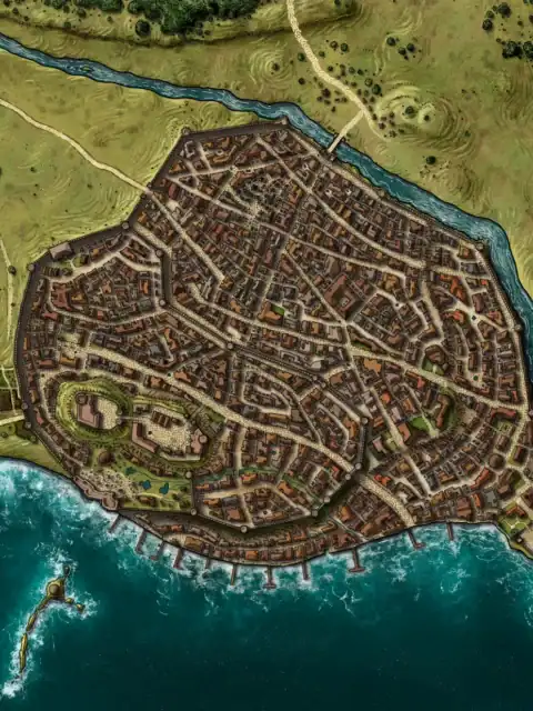 Defensive stone walls surrounding tightly packed urban streets and structures.