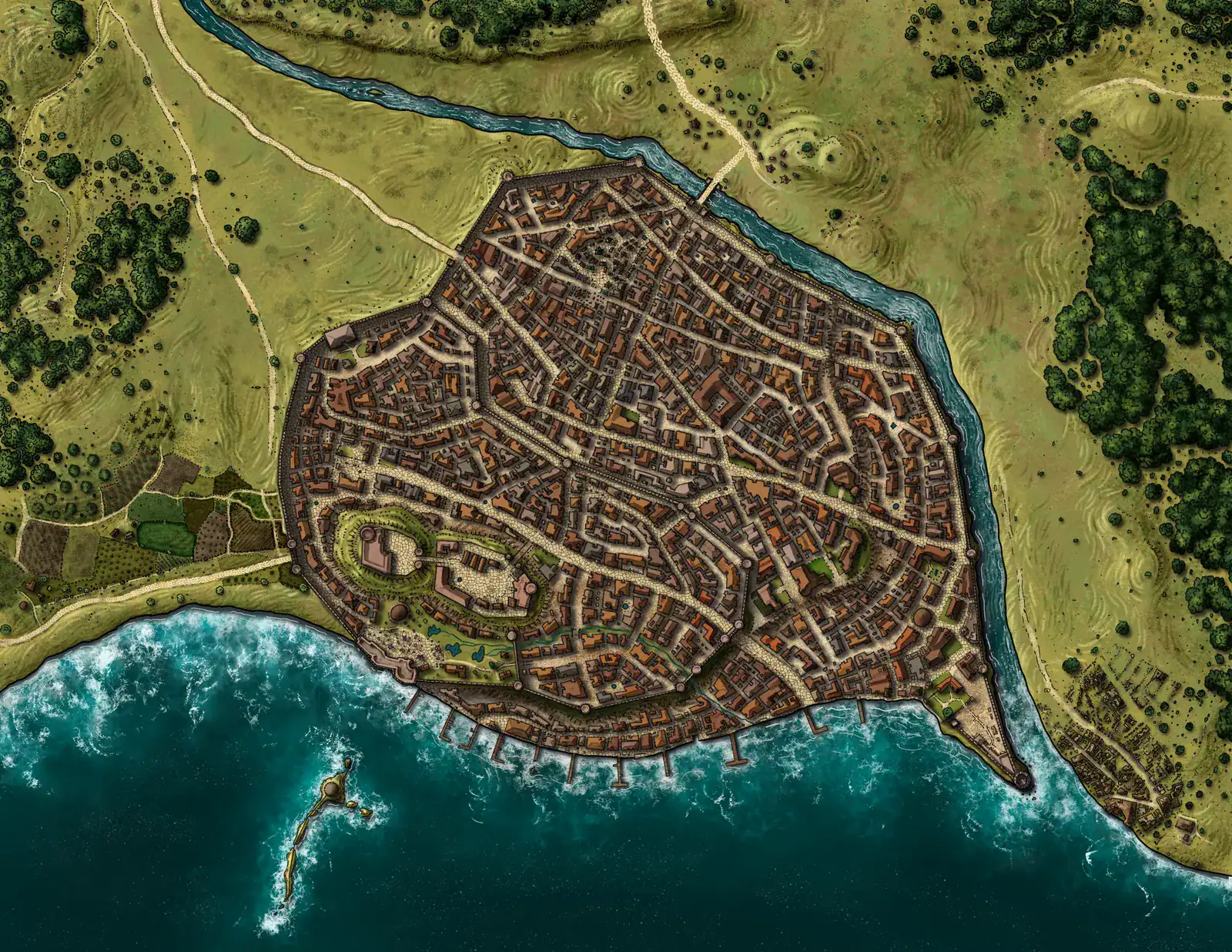 Defensive stone walls surrounding tightly packed urban streets and structures.