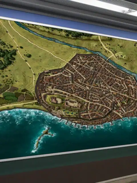 Dense coastal city built on a peninsula with hundreds of brown and orange-roofed buildings.
