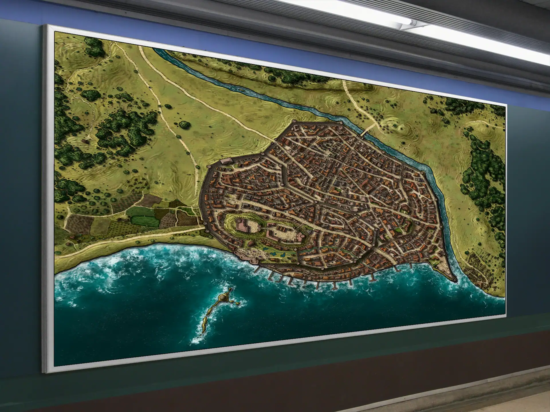 Dense coastal city built on a peninsula with hundreds of brown and orange-roofed buildings.