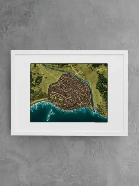 Small fortified island or lighthouse structure isolated in ocean waters to southwest.
