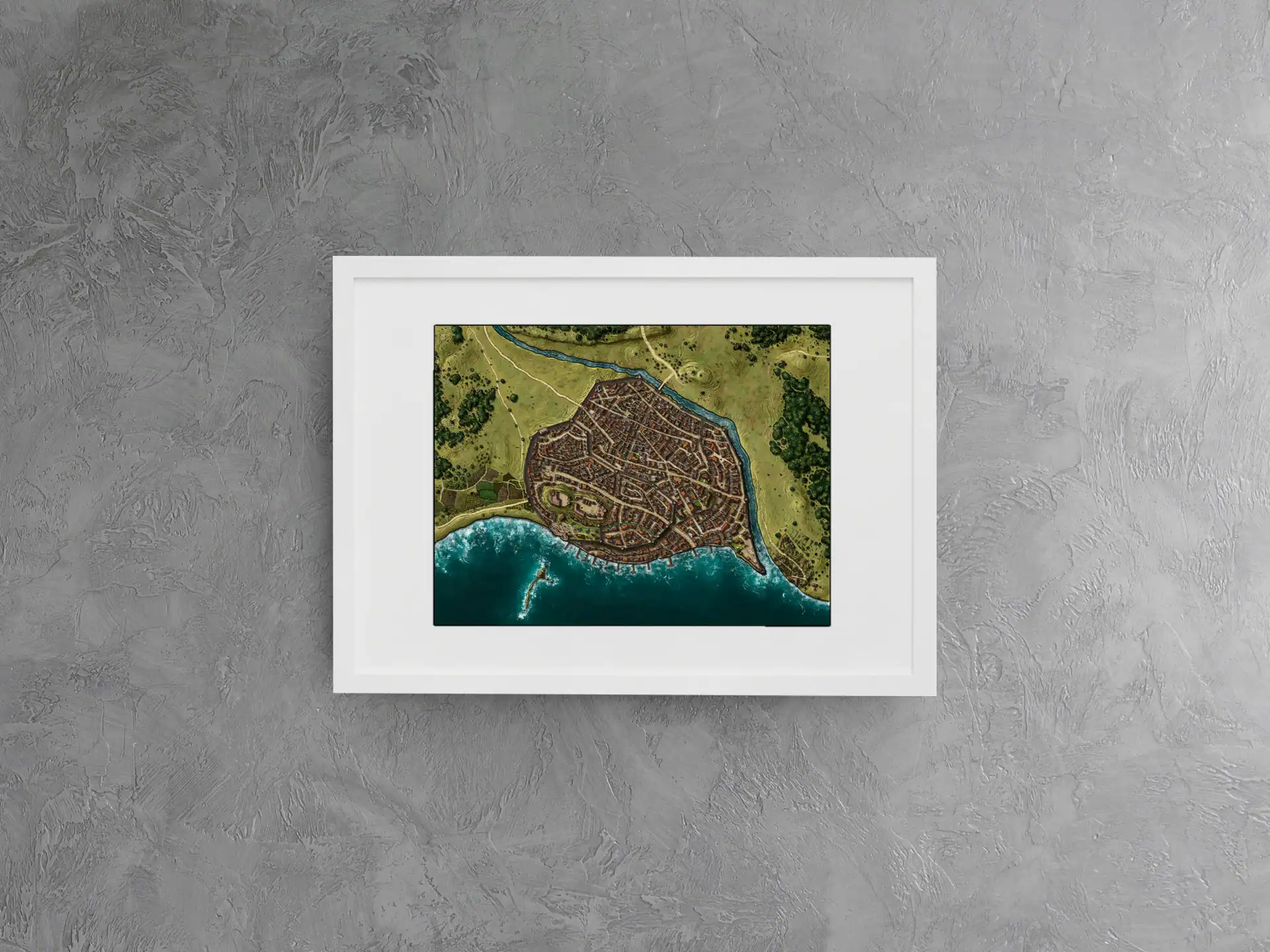 Small fortified island or lighthouse structure isolated in ocean waters to southwest.