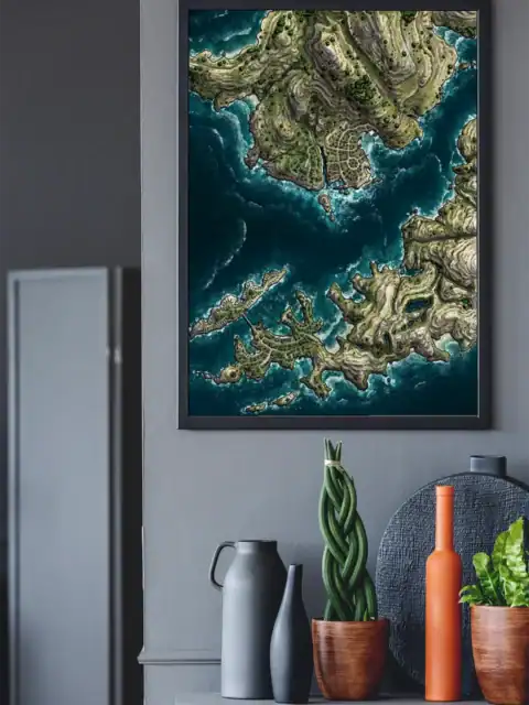 Deep turquoise ocean waters surround irregular coastlines.