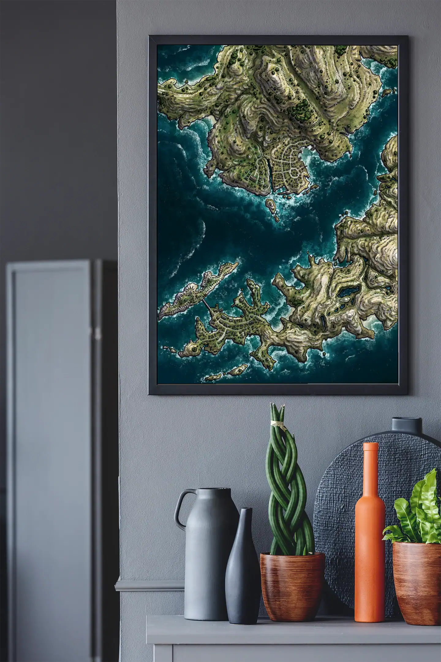 Deep turquoise ocean waters surround irregular coastlines.