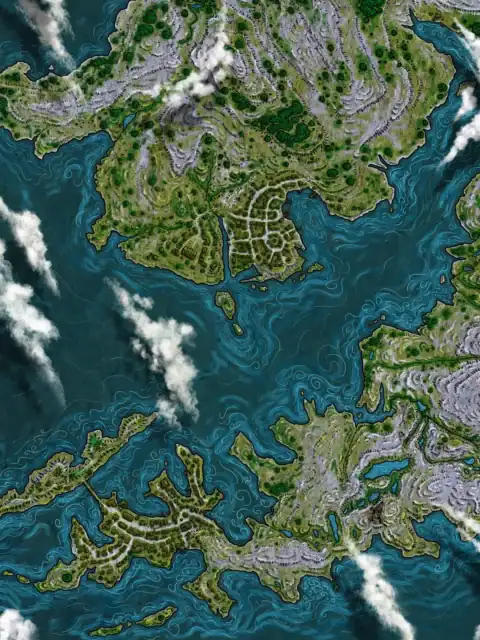 Multiple landmasses with topographic elevation lines and terrain detail.
