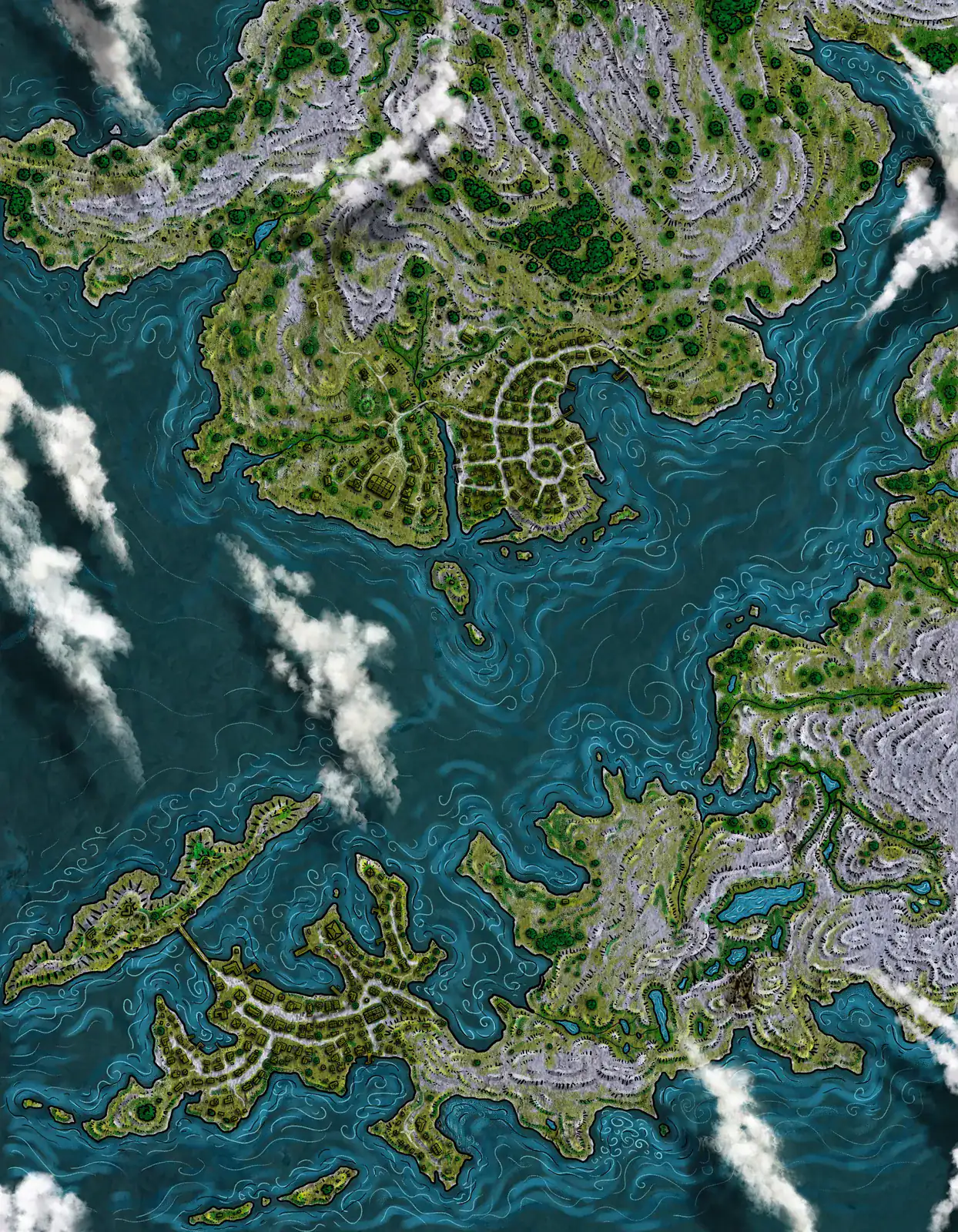 Multiple landmasses with topographic elevation lines and terrain detail.