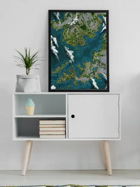 Hand-drawn fantasy map showing scattered islands in teal waters.