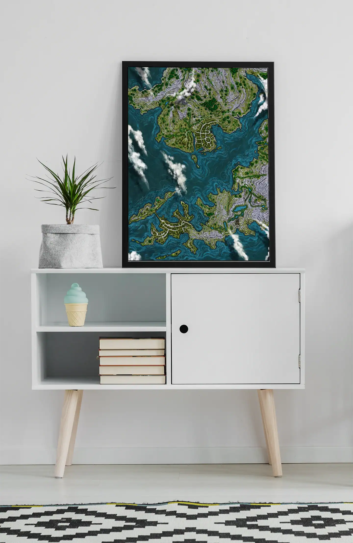 Hand-drawn fantasy map showing scattered islands in teal waters.