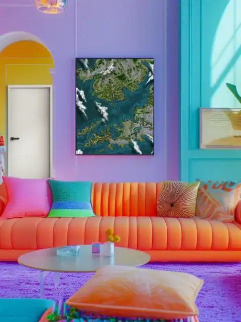 Green lowlands and purple-gray mountainous regions across archipelago.