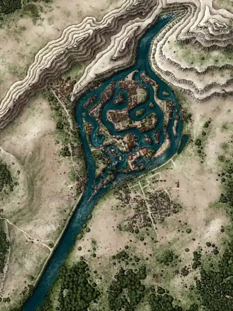 Multiple waterways converge and branch through fortified town.