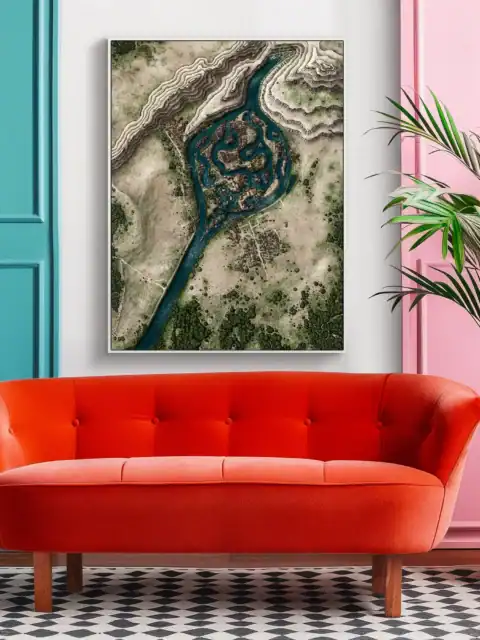 Mountain ranges rendered with traditional hachure lines frame upper portions.