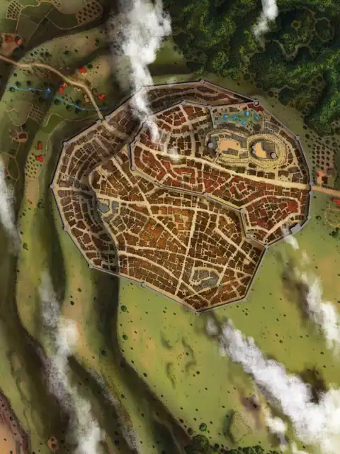Dense urban layout with color-coded buildings in browns, rusts, and grays.