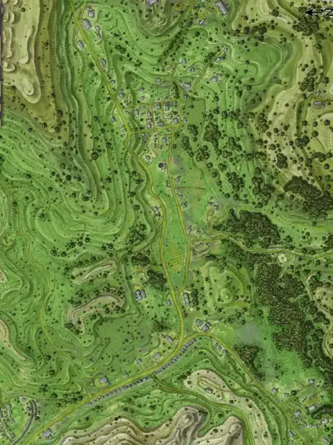 Yellow-brown winding road cuts through the center from north to south.