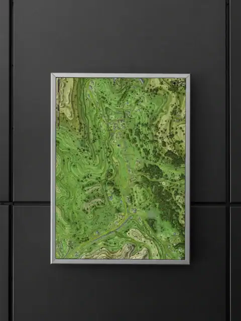 Grey rectangular buildings scattered across landscape with village cluster in upper center.