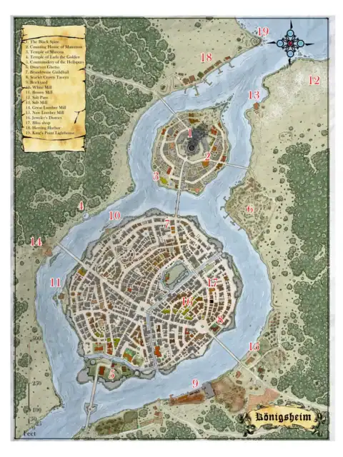 Southern city with irregular street patterns and brown buildings within defensive walls.