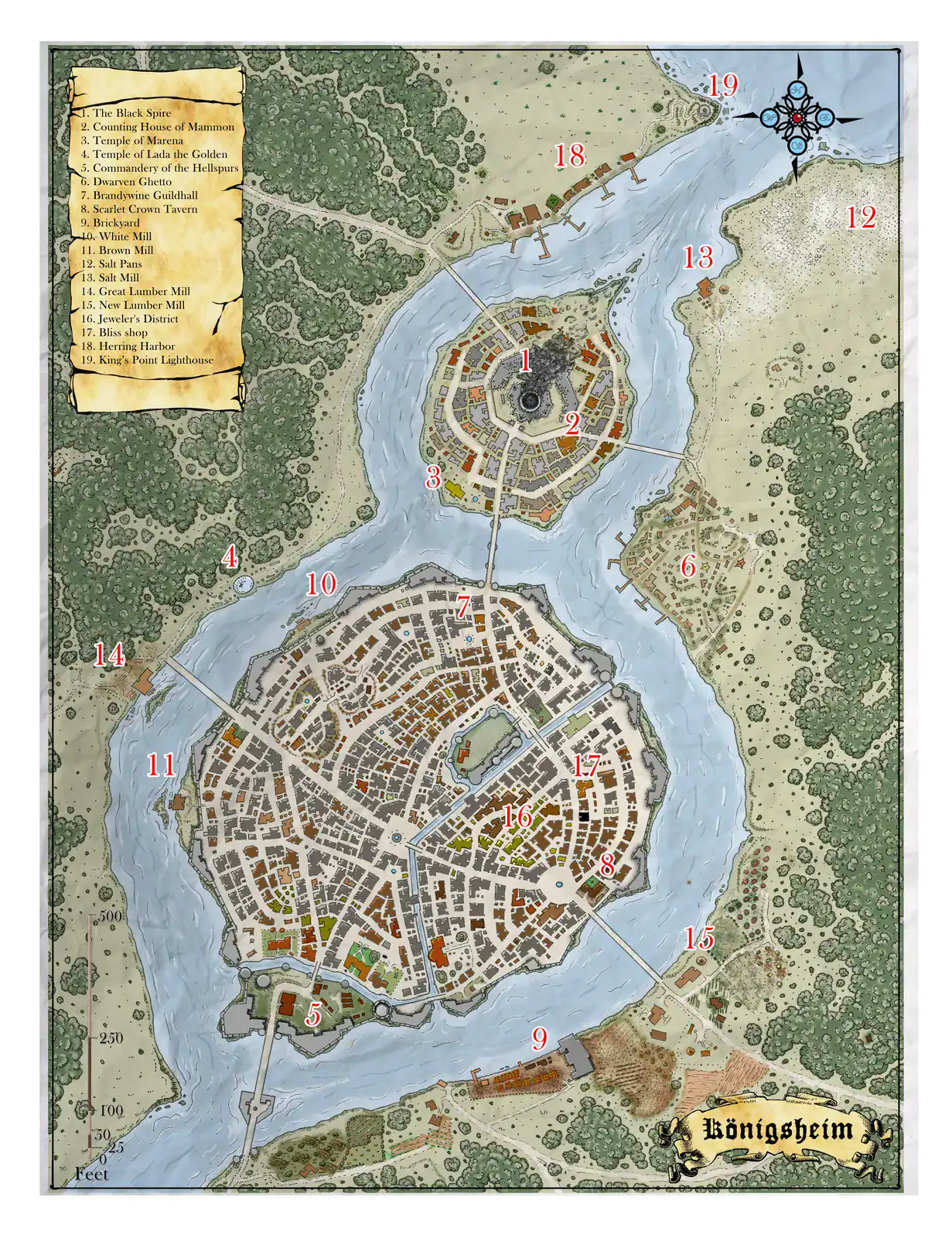 Southern city with irregular street patterns and brown buildings within defensive walls.
