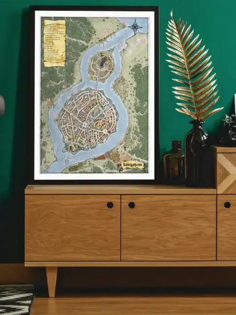 Parchment legend in upper left corner listing nineteen numbered locations.