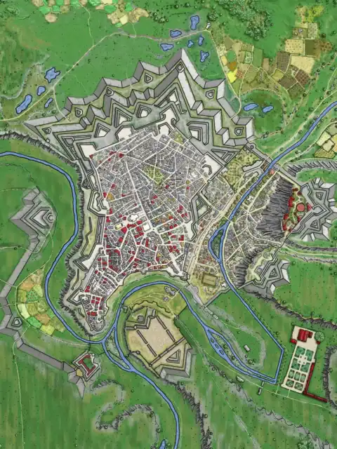 Dense networks of brown and tan buildings filling districts within the walls.