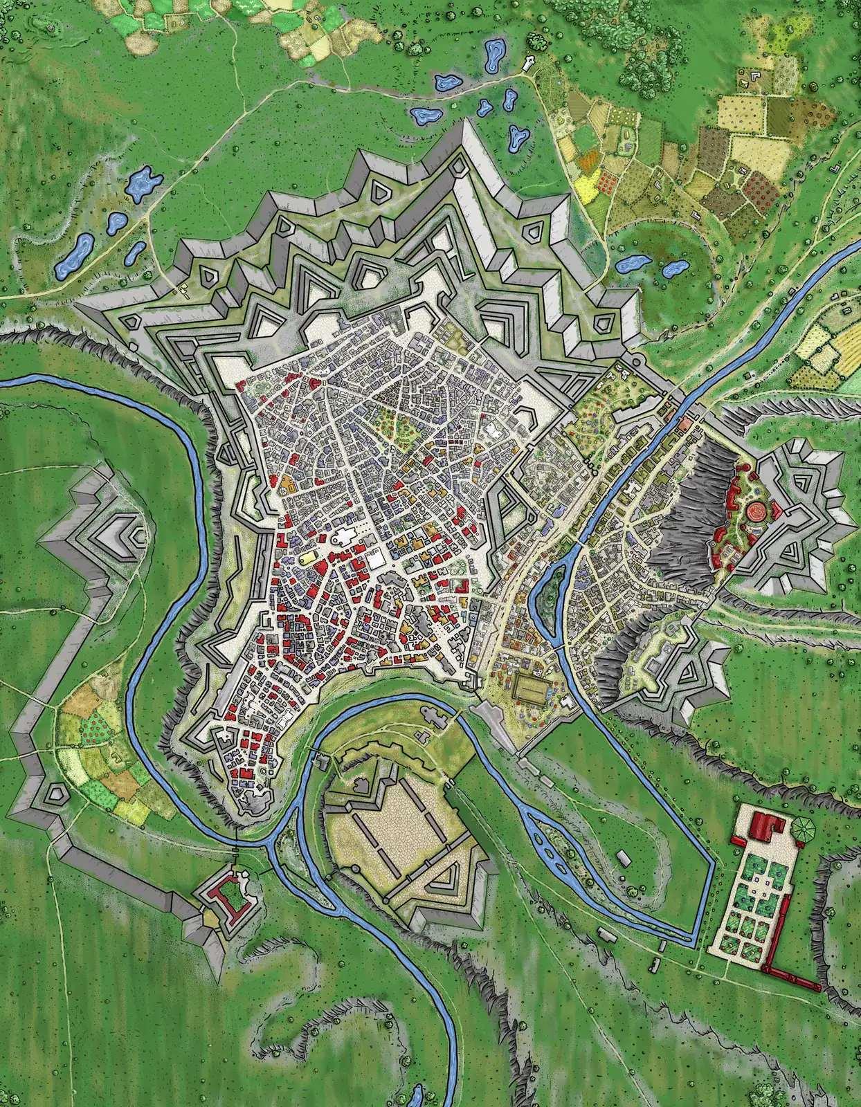 Dense networks of brown and tan buildings filling districts within the walls.