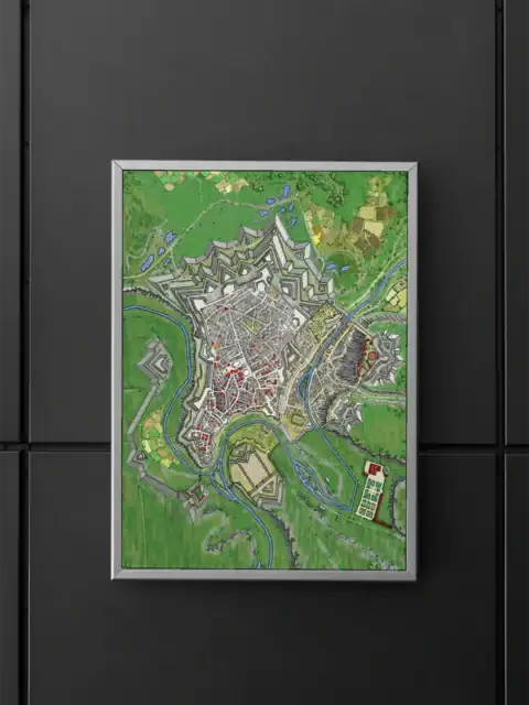 Star-shaped fortress city with angular defensive bastions at regular intervals.
