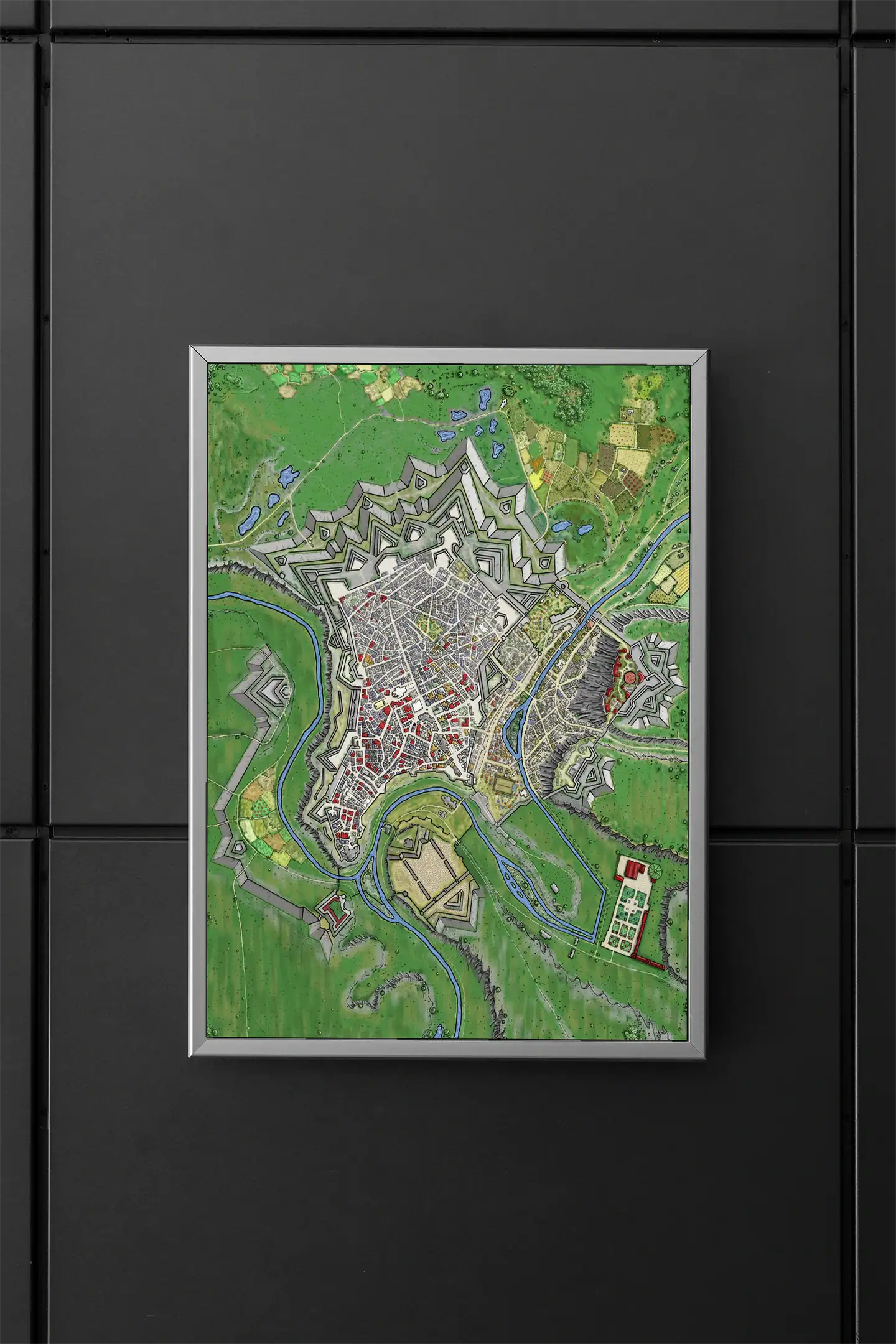 Star-shaped fortress city with angular defensive bastions at regular intervals.